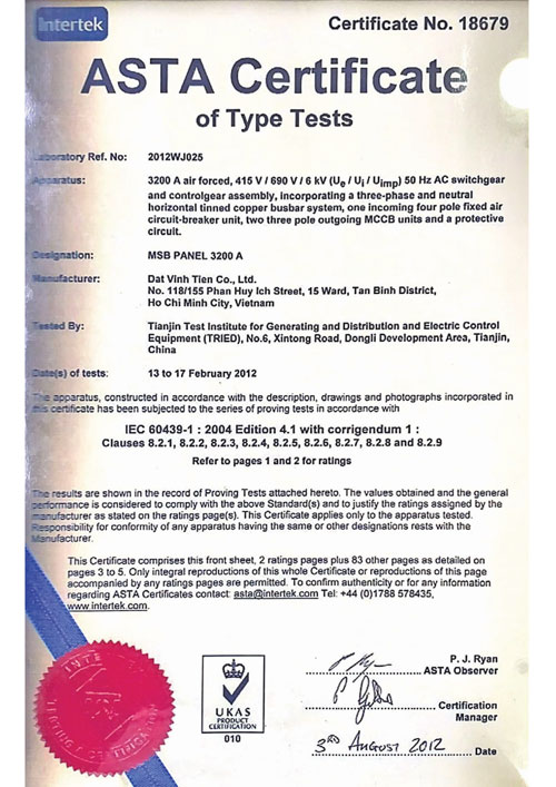 ASTA Certificate of type tests